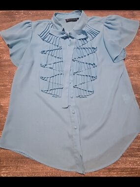 Cato Light Blue Pleated Ruffle Tie-Neck Blouse